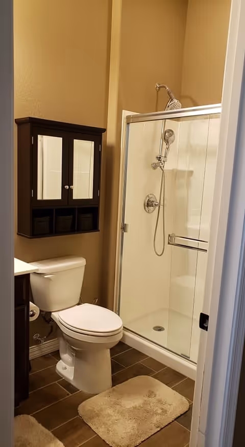 A bathroom with a white toilet, a glass-enclosed shower with a silver showerhead and handle, a dark wooden wall-mounted cabinet with mirrored doors and three small baskets underneath, and two beige bath mats on a brown tiled floor.