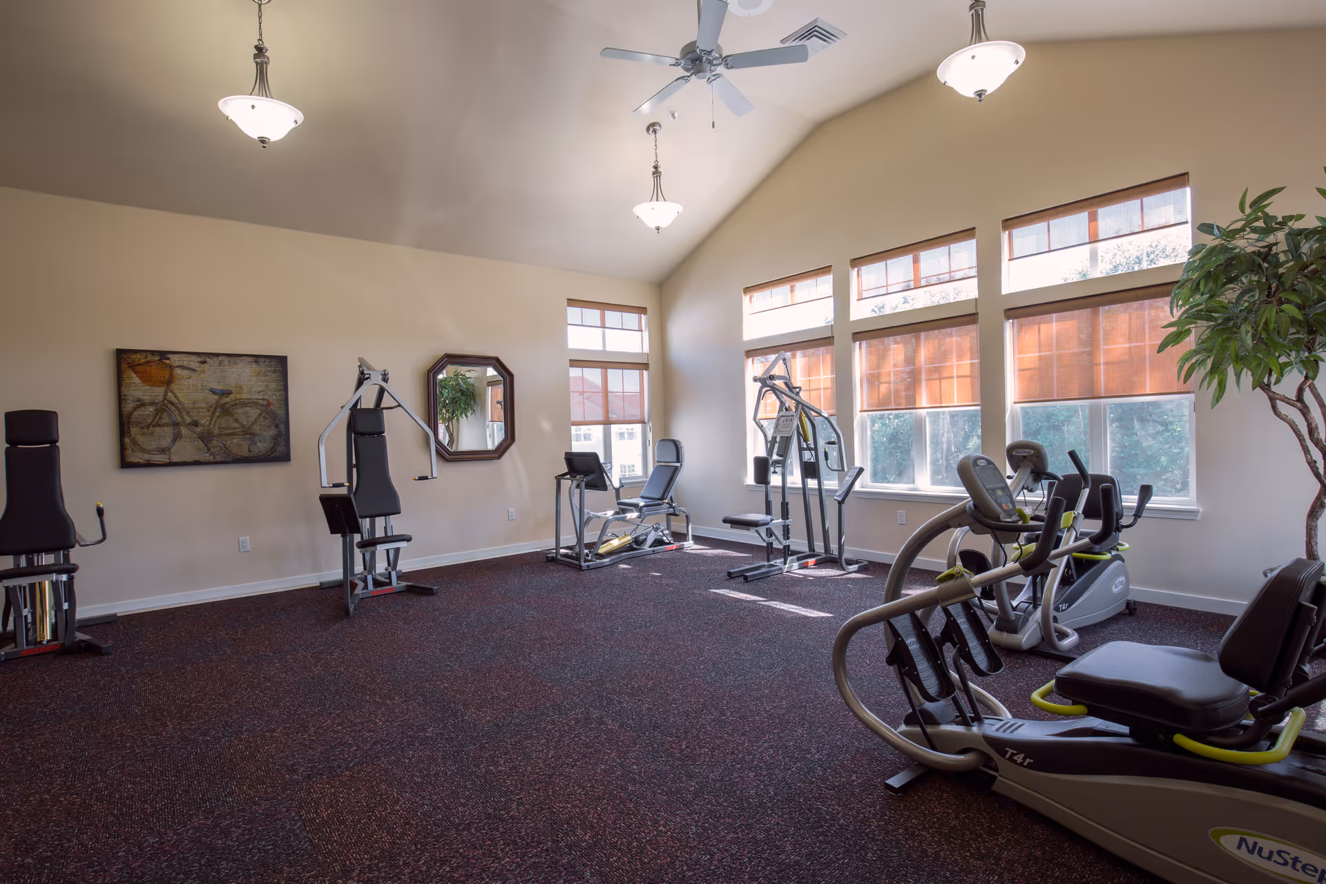 A bright fitness room with exercise equipment including stationary bikes, weight machines, and a recumbent bike. The room has large windows with orange blinds, a ceiling fan, and a high vaulted ceiling. There is a framed bicycle artwork and a mirror on the wall, along with a potted plant in the corner.