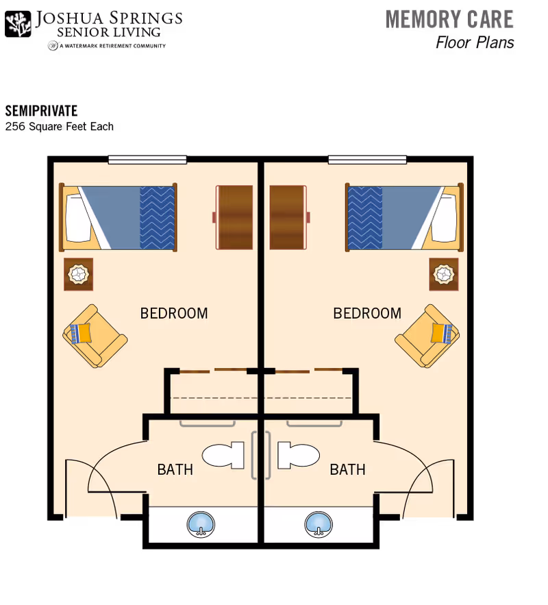 Floor plan of two adjacent memory care bedrooms at Joshua Springs Senior Living, each with a bed, armchair, side table, and a private bathroom with a toilet and sink.