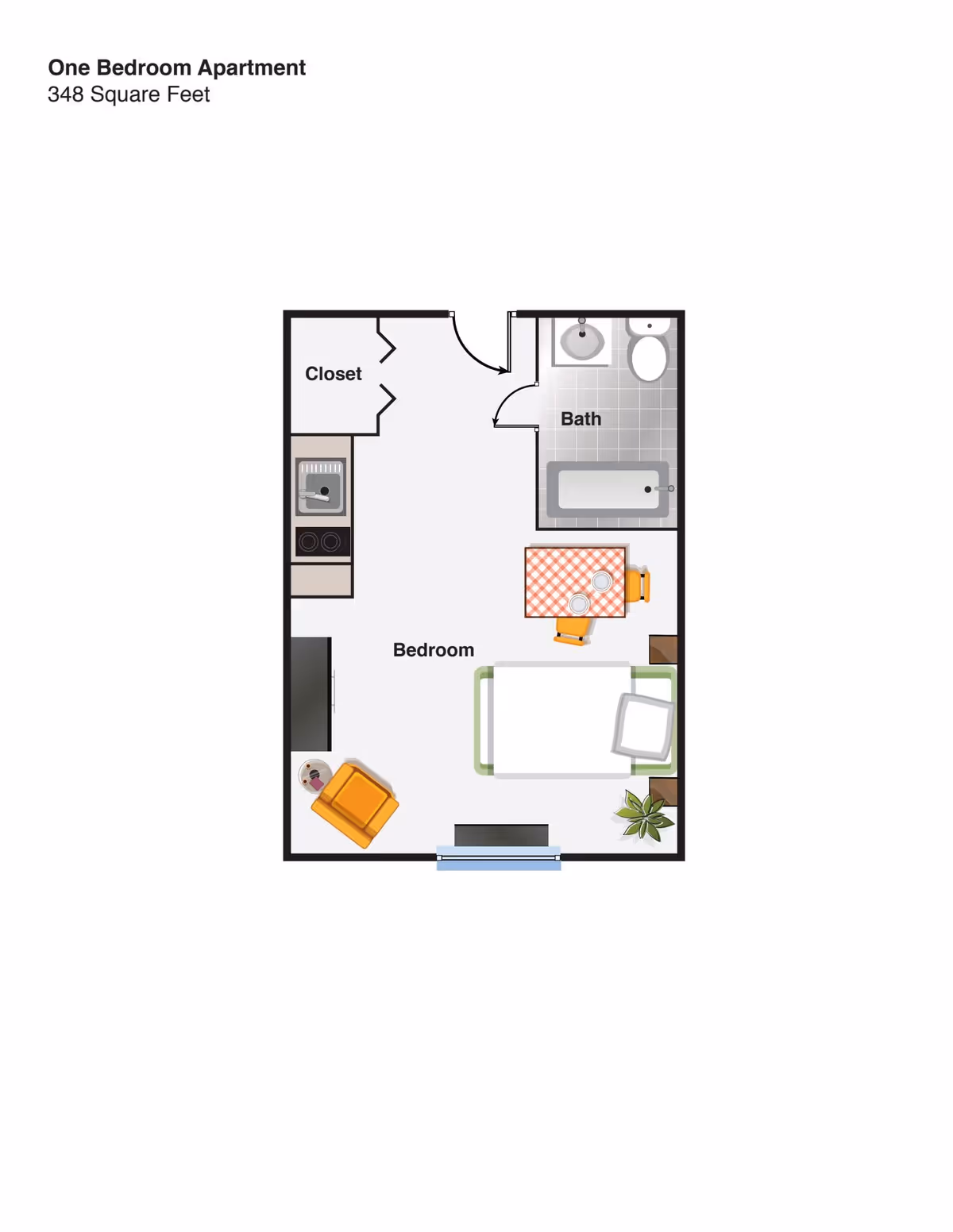 Floor plan of a one-bedroom apartment measuring 348 square feet, showing a bedroom area with a bed, chair, small dining table with two chairs, a closet, a kitchen area with a sink and stove, and a bathroom with a sink, toilet, and bathtub.