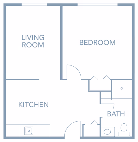 Floor plan layout showing a living room, bedroom, kitchen, and bathroom with labeled rooms and basic fixtures.