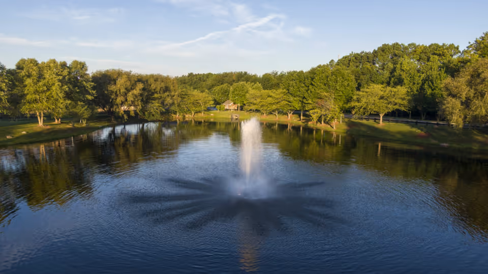 A pond with a central fountain surrounded by trees and grassy banks under a blue sky.