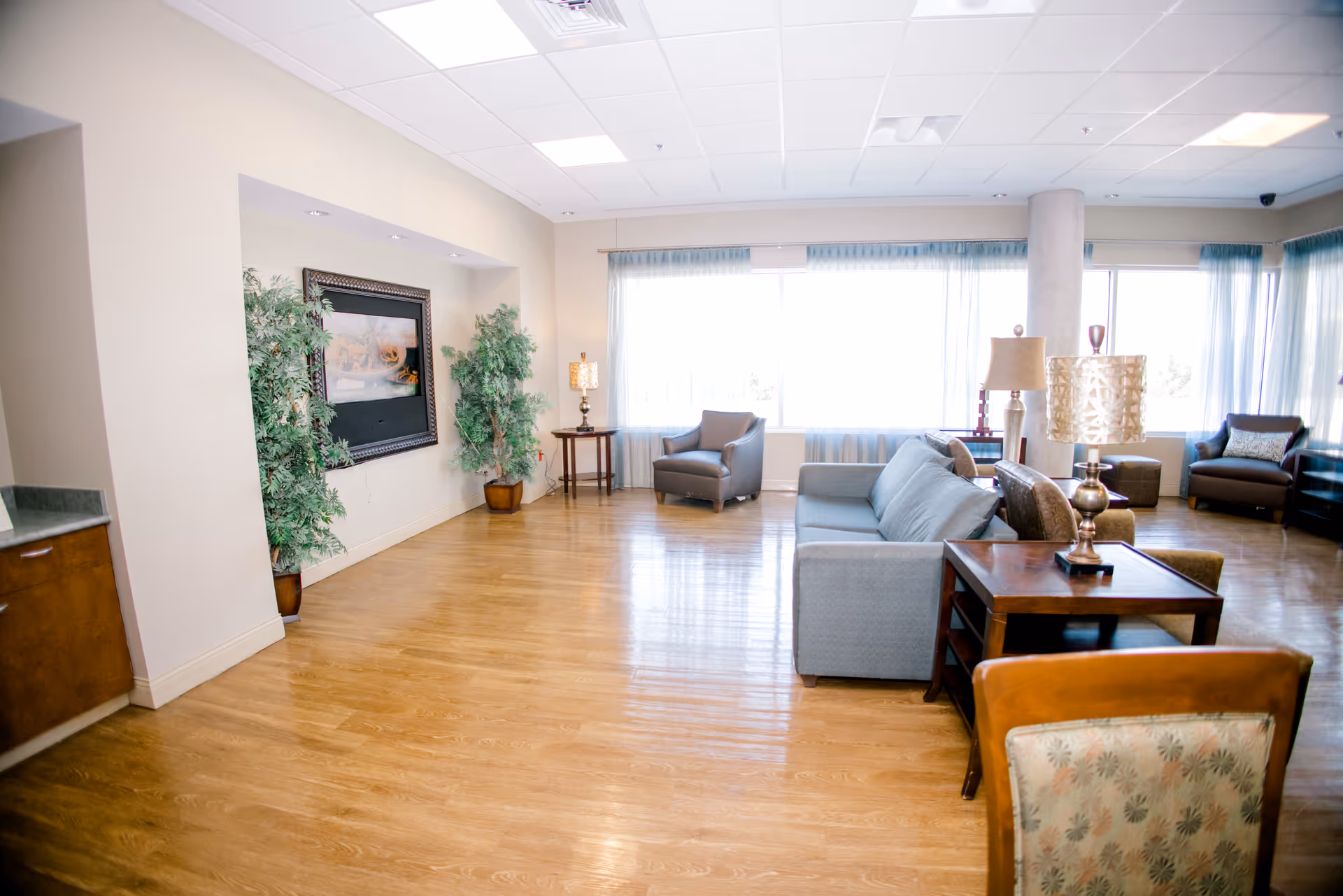 A bright and spacious living room area with wooden flooring, a gray sofa, several armchairs, side tables with lamps, large windows with sheer curtains allowing natural light, and two potted plants flanking a framed picture on the wall.