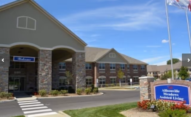 Exterior view of Allisonville Meadows Assisted Living building with brick facade and welcoming entrance
