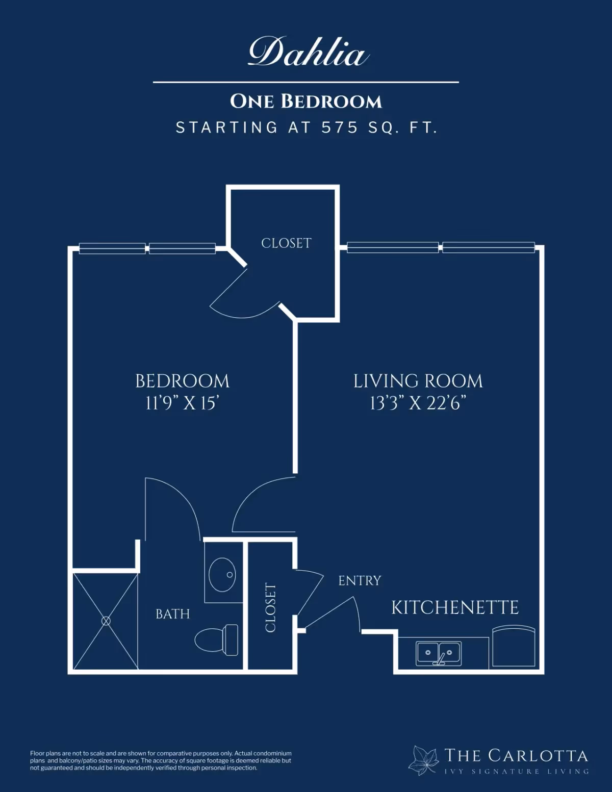 Floor plan of a one-bedroom unit named Dahlia at The Carlotta, Ivy Signature Living, starting at 575 square feet. The layout includes a bedroom measuring 11 feet 9 inches by 15 feet, a living room measuring 13 feet 3 inches by 22 feet 6 inches, a bath, two closets, an entry, and a kitchenette with a sink and refrigerator.