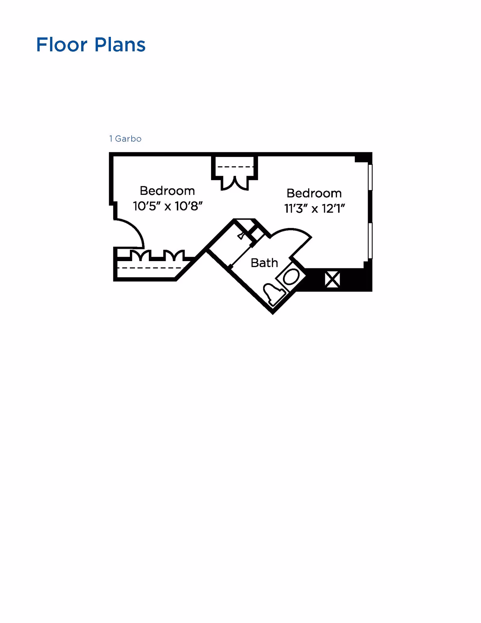 Floor plan labeled '1 Garbo' showing two bedrooms and one bathroom. The first bedroom measures 10 feet 5 inches by 10 feet 8 inches, and the second bedroom measures 11 feet 3 inches by 12 feet 1 inch. The bathroom is situated between the two bedrooms.