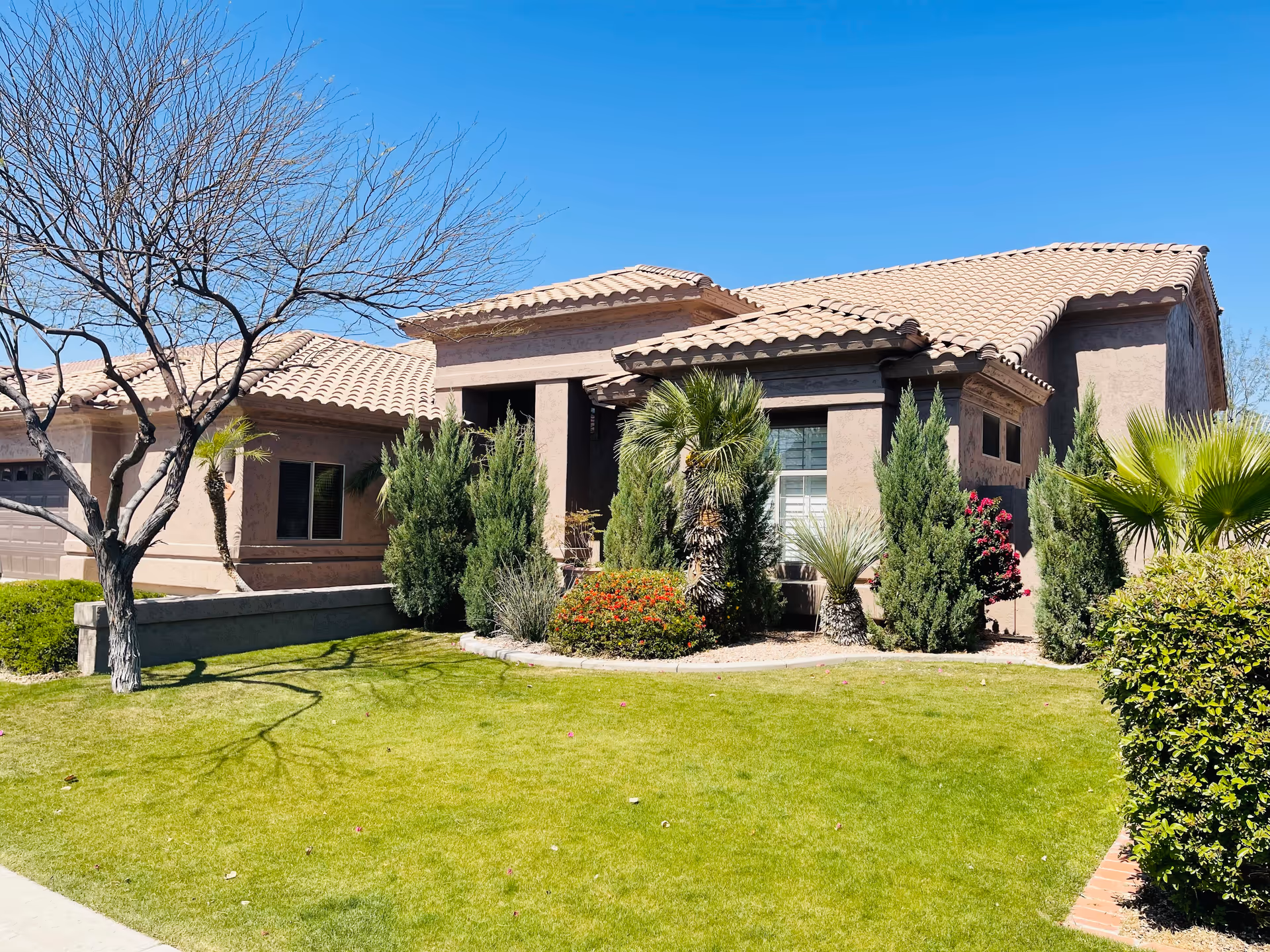 Exterior view of a single-story residential building with a tiled roof, surrounded by green grass, various shrubs, and trees under a clear blue sky.