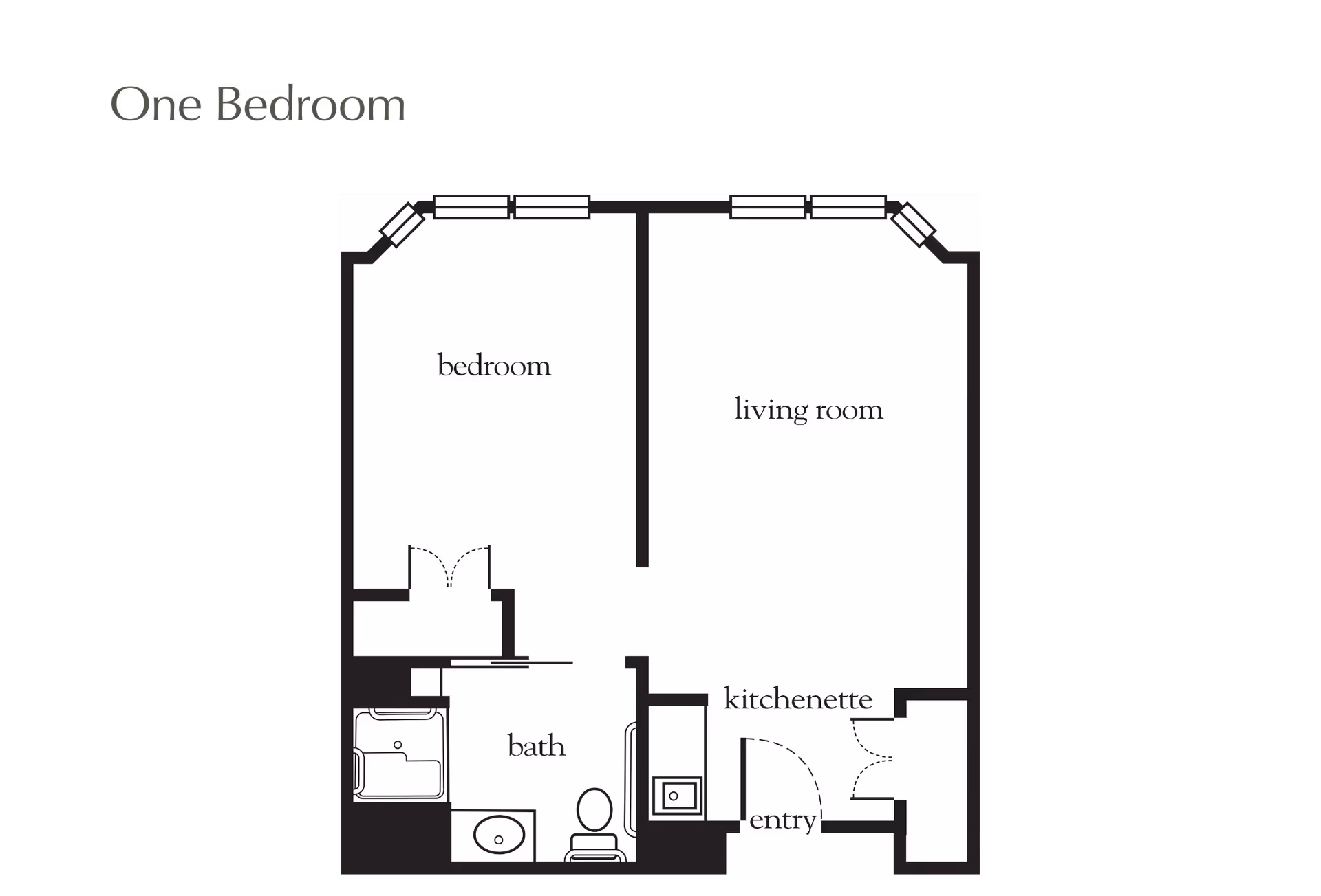 Floor plan of a one-bedroom apartment showing a bedroom, living room, bath, kitchenette, and entry area.