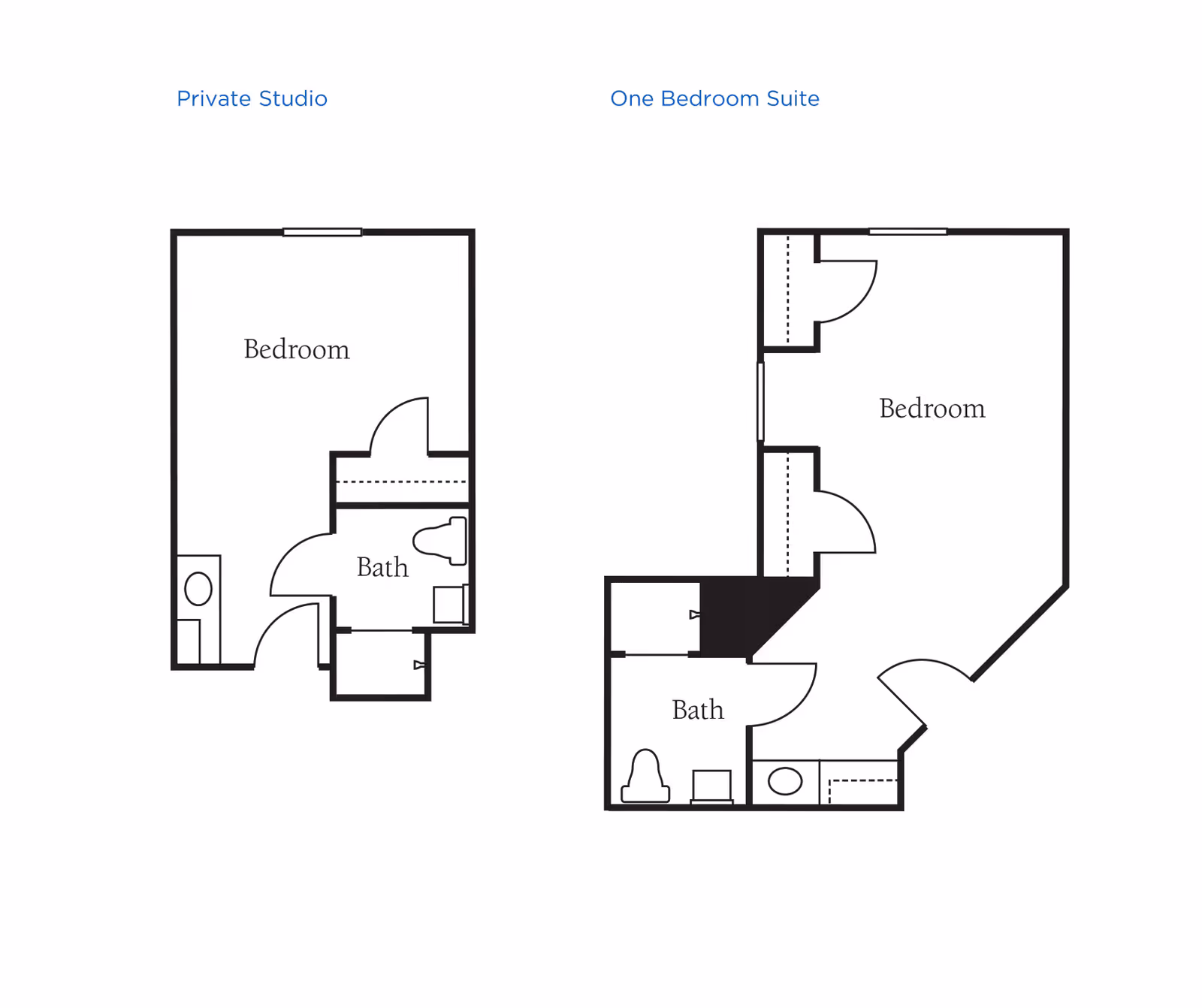 Floor plans showing two types of living spaces at Brookdale Finneytown: a Private Studio with a bedroom and bath, and a One Bedroom Suite with a bedroom and bath.