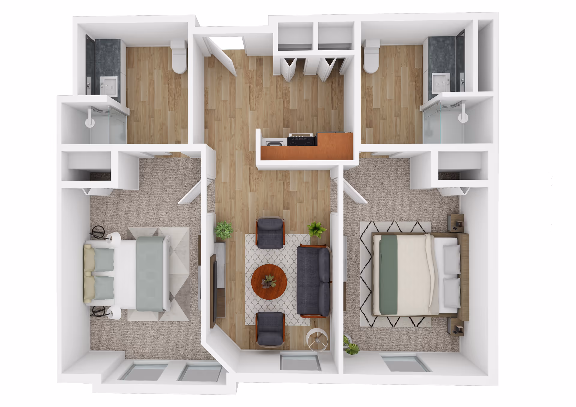 Top-down 3D floor plan of a two-bedroom apartment featuring two bedrooms with beds and nightstands, two bathrooms with showers, sinks, and toilets, a central living room with a sofa, two chairs, a coffee table, and plants, and a small kitchen area with appliances and cabinetry.