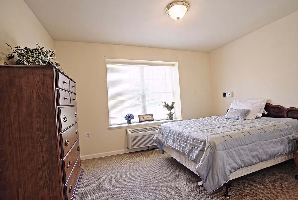 A simple bedroom with a bed covered in a gray patterned comforter and pillows. There is a wooden dresser with plants on top to the left, and a window with blinds letting in natural light. Below the window is an air conditioning unit, and small decorative items are placed on the windowsill.