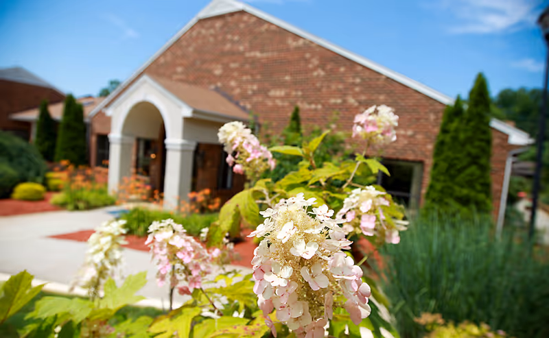 Pink-and-white flowering bushes in the foreground with a brick building entrance and landscaping in the background.