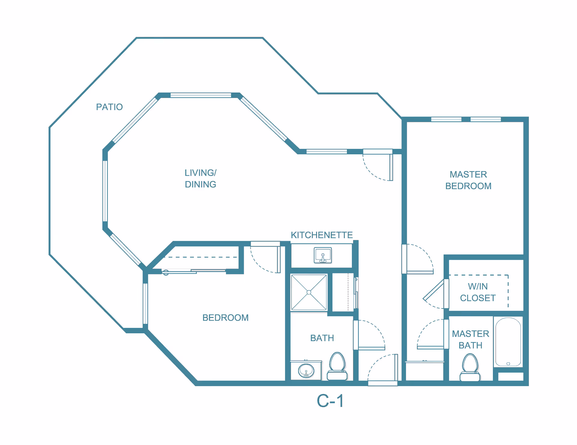 Floor plan of a residential unit labeled C-1 showing a patio, living/dining area, kitchenette, bedroom, bath, master bedroom with walk-in closet and master bath.