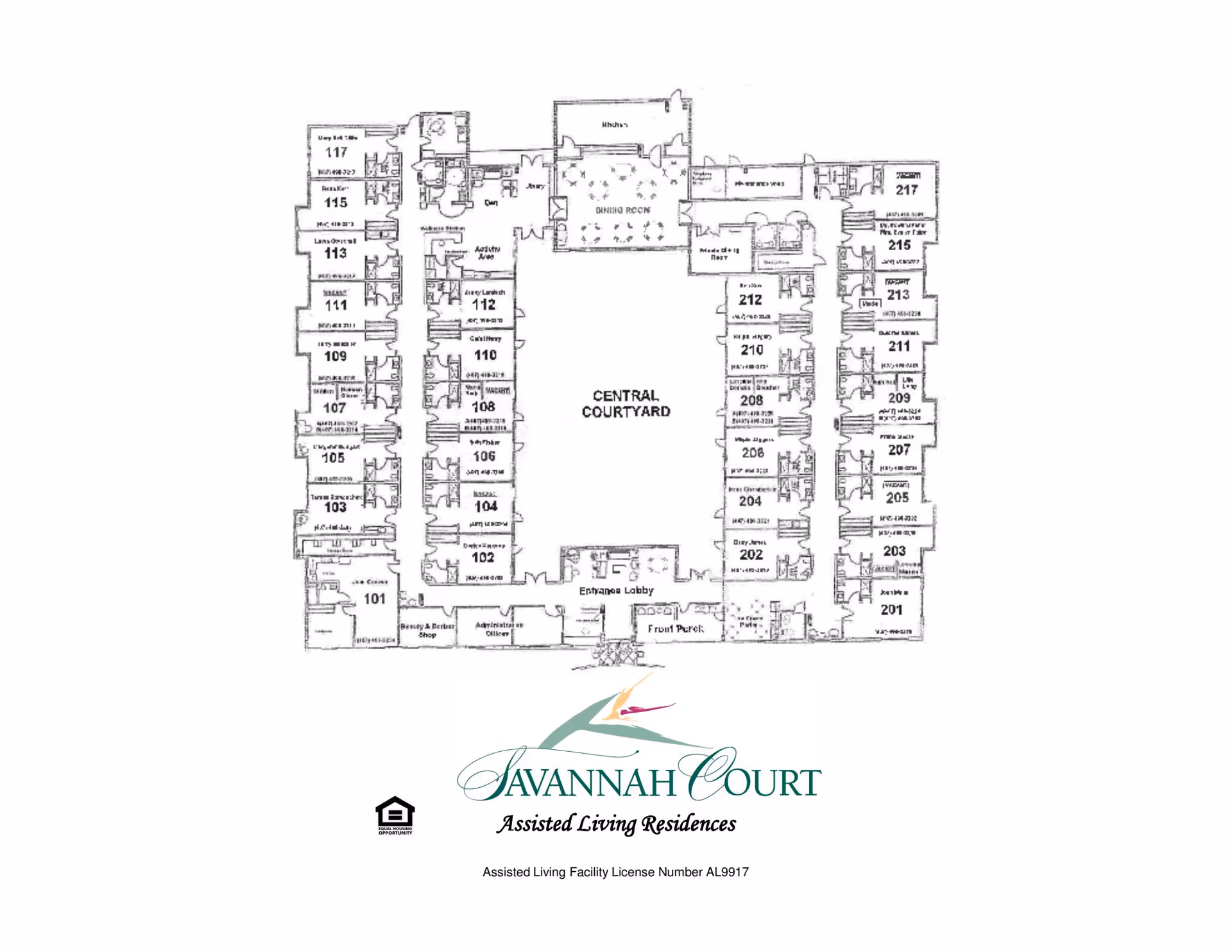 Architectural floor plan of Savannah Court Assisted Living Residences showing room layout around a central courtyard with labeled rooms including dining room, entrance lobby, beauty & barber shop, and various numbered rooms.