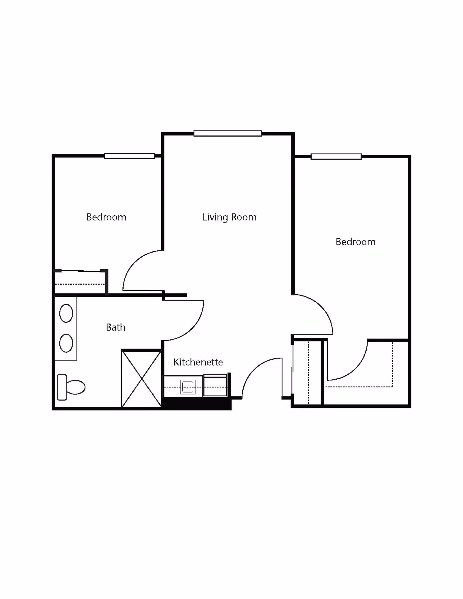 Floor plan of a living space with two bedrooms, a living room, a bath, and a kitchenette. The layout shows doors, windows, and fixtures including a toilet, sink, and shower in the bath area.