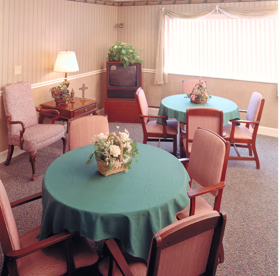 A cozy room with two round tables covered with green tablecloths, each surrounded by four pink cushioned wooden chairs. Each table has a floral centerpiece. There is a patterned armchair next to a wooden side table with a lamp, a small plant, and a decorative cross. In the corner, an old-style television sits on a wooden stand with a potted plant on top. The room has patterned wallpaper, a carpeted floor, and a large window with vertical blinds letting in bright light.