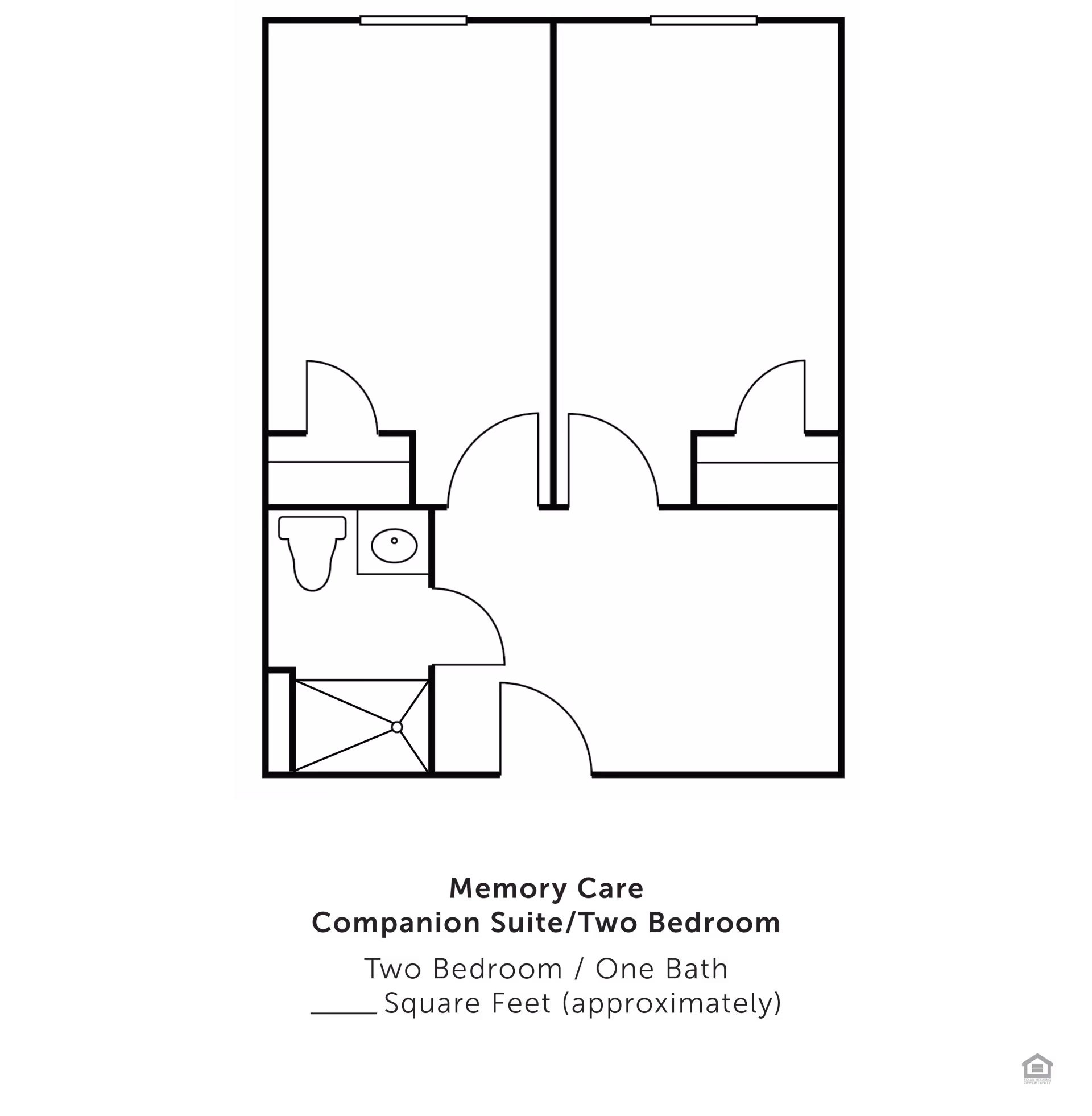 Floor plan layout of a Memory Care Companion Suite with two bedrooms and one bathroom. The plan shows two separate bedrooms, a shared bathroom with a toilet, sink, and shower, and a common area with doors connecting the rooms.