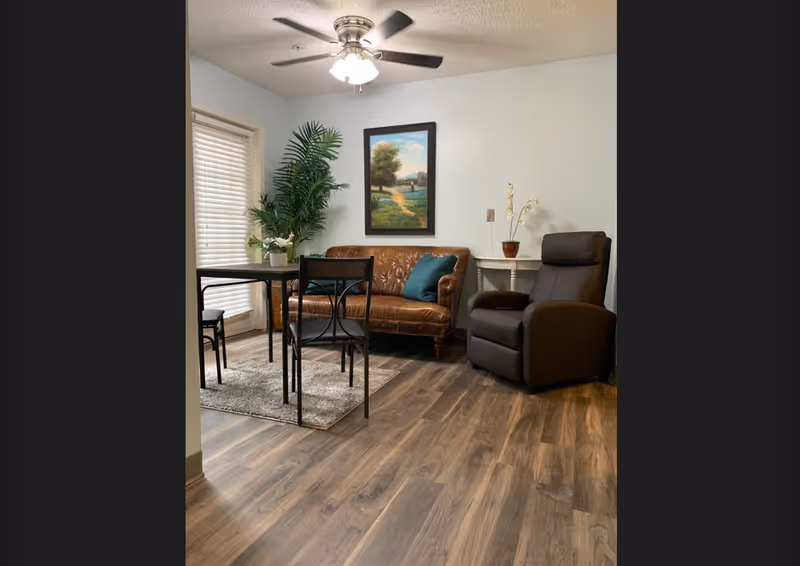 A cozy living room area with a brown leather sofa adorned with a teal pillow, a dark brown recliner chair, a small white side table with a potted orchid, a black metal dining table with two chairs on a gray rug, a large green potted plant, a ceiling fan with light, and a framed landscape painting on a light blue wall.