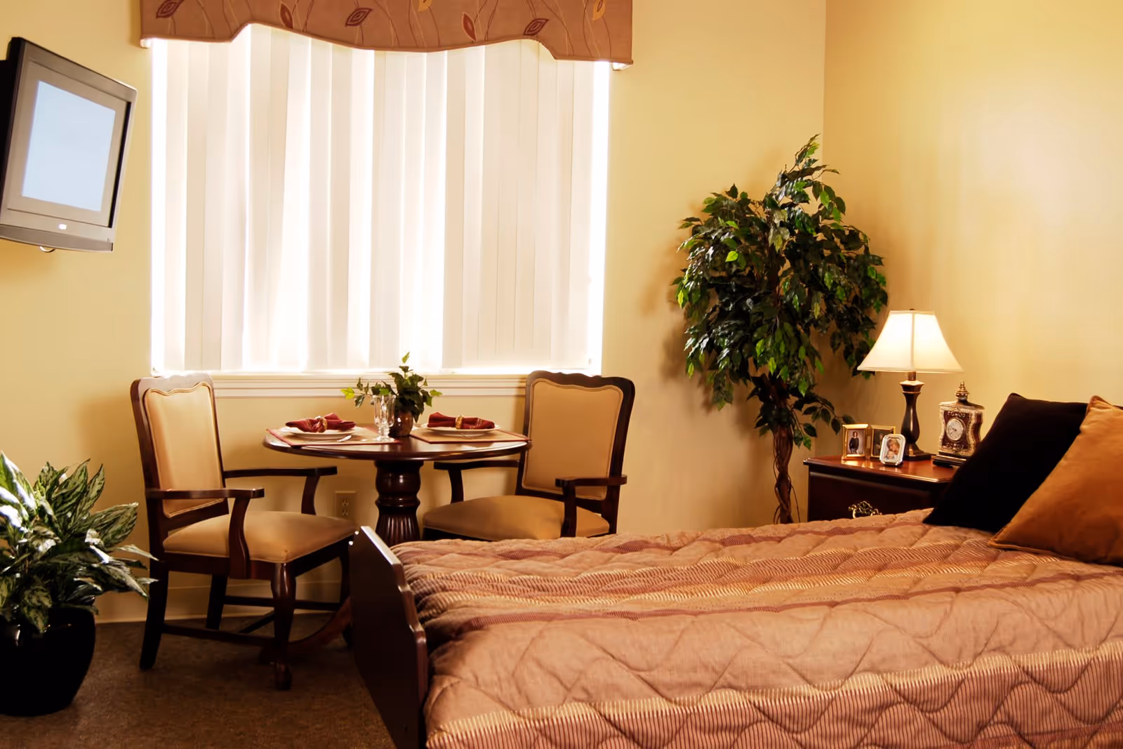 A cozy bedroom with a bed covered in a brown quilt, two beige cushioned chairs around a small round wooden table set with placemats and napkins, a flat-screen TV mounted on the wall, a nightstand with a lamp, framed photos, and a decorative clock, and two potted plants near the window with vertical blinds.