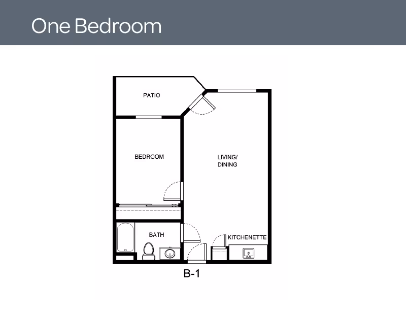 Floor plan of a one-bedroom apartment labeled B-1, showing a patio, bedroom, bathroom, kitchenette, and combined living/dining area.