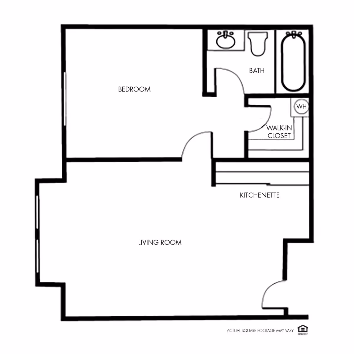 Floor plan of a living space at Independence Village of Peoria showing a bedroom, living room, kitchenette, bathroom, walk-in closet, and water heater area.