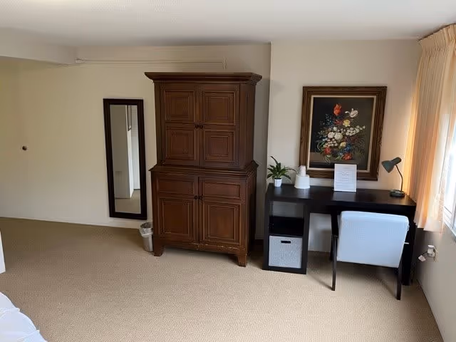 A room corner featuring a dark wooden cabinet with two sets of doors, a black desk with a white chair, a small plant, a desk lamp, and a framed floral painting on the wall. There is a full-length mirror on the adjacent wall and beige carpet flooring. Light beige curtains cover a window on the right side.