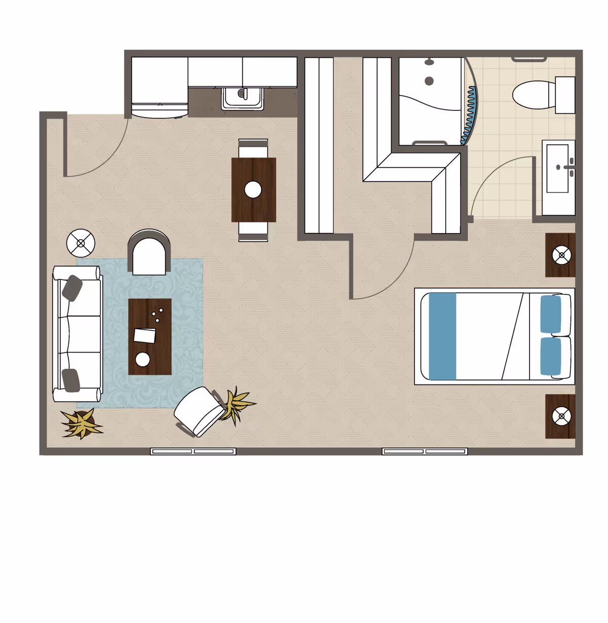 Top-down floor plan of a studio apartment showing a combined living and sleeping area, kitchenette with dining table, closet, and bathroom.