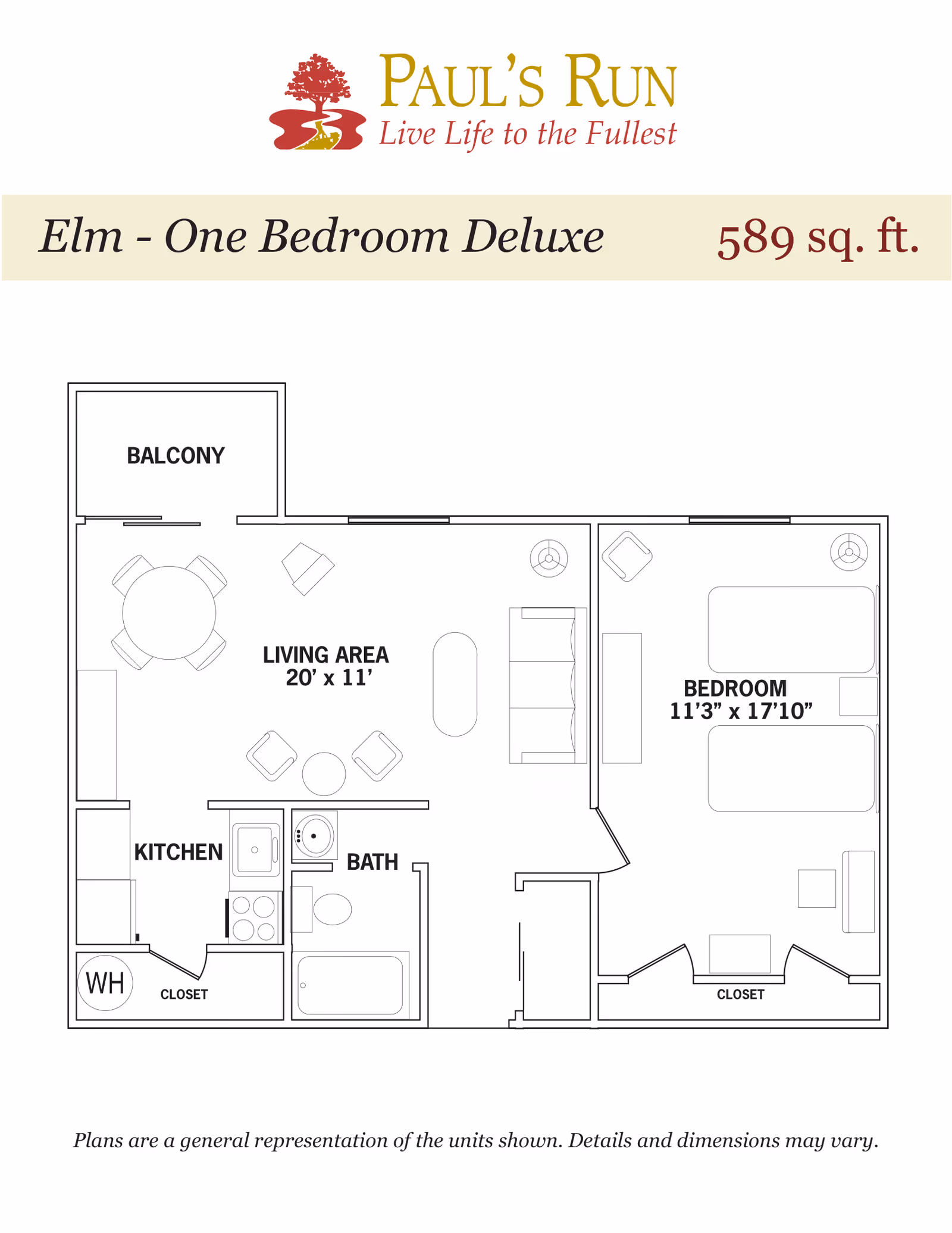 Floor plan of Elm - One Bedroom Deluxe apartment at Paul's Run showing a 589 sq. ft. layout with a balcony, living area, kitchen, bathroom, and bedroom with closets.