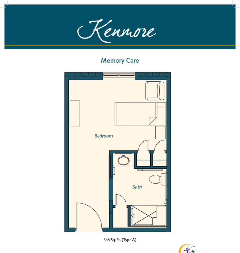 Floor plan labeled Kenmore for Memory Care showing a bedroom with a bed, chair, and dresser, and an attached bathroom with a sink, toilet, and shower.
