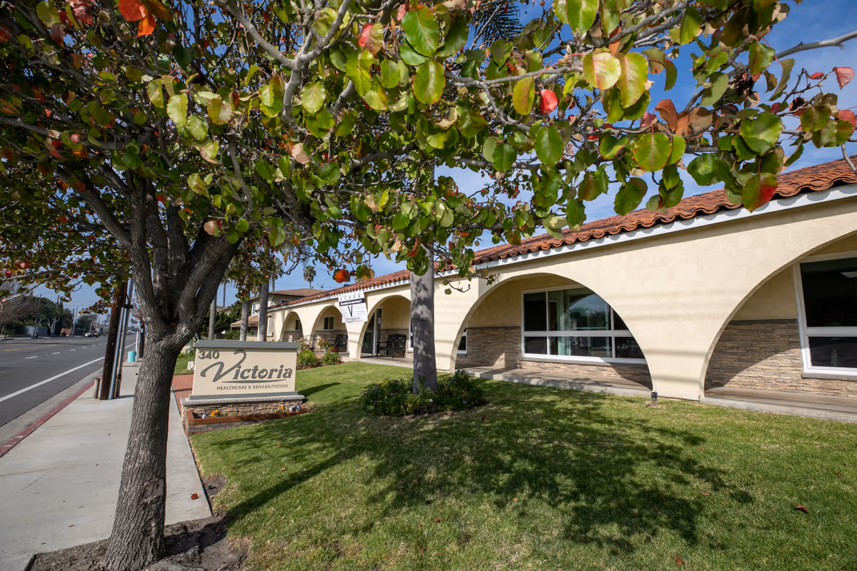 Exterior view of Victoria Healthcare and Rehabilitation building with a tree and green lawn in the foreground, a sidewalk along the street, and a sign displaying the facility's name.