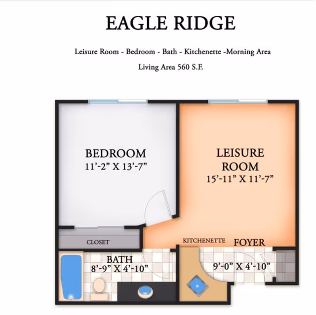 Floor plan of Eagle Ridge unit showing a bedroom measuring 11 feet 2 inches by 13 feet 7 inches, a leisure room measuring 15 feet 11 inches by 11 feet 7 inches, a bath measuring 8 feet 9 inches by 4 feet 10 inches, a kitchenette, and a foyer measuring 9 feet by 4 feet 10 inches. The bedroom includes a closet. The total living area is 560 square feet.