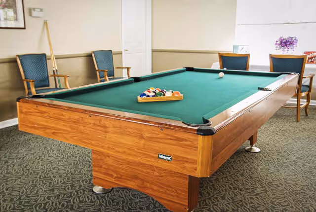 A room with a green felt pool table set up for a game with a triangle rack of billiard balls and a cue ball. There are four wooden chairs with blue cushions arranged around the room, and a small table with a vase of purple flowers and a box of Jenga blocks in the background.