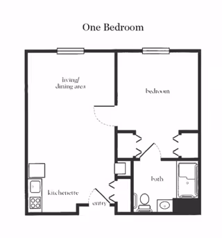 Floor plan of a one-bedroom senior living unit at Woodbridge Place Senior Living, showing a living/dining area, kitchenette, bedroom, bathroom, and entry area.