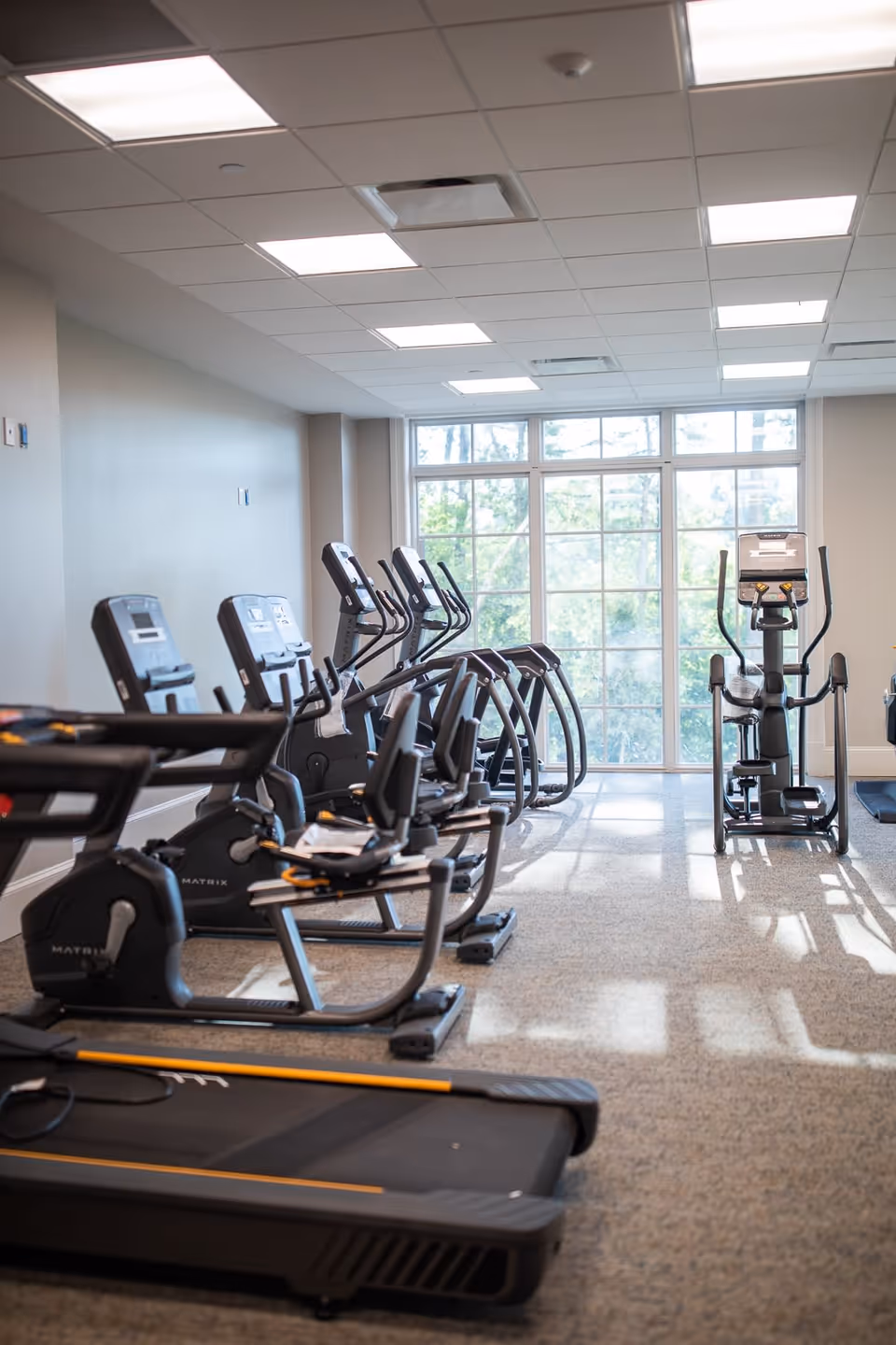 A bright fitness room with several exercise machines including treadmills, stationary bikes, and elliptical trainers. Large windows at the far end let in natural light and offer a view of trees outside.