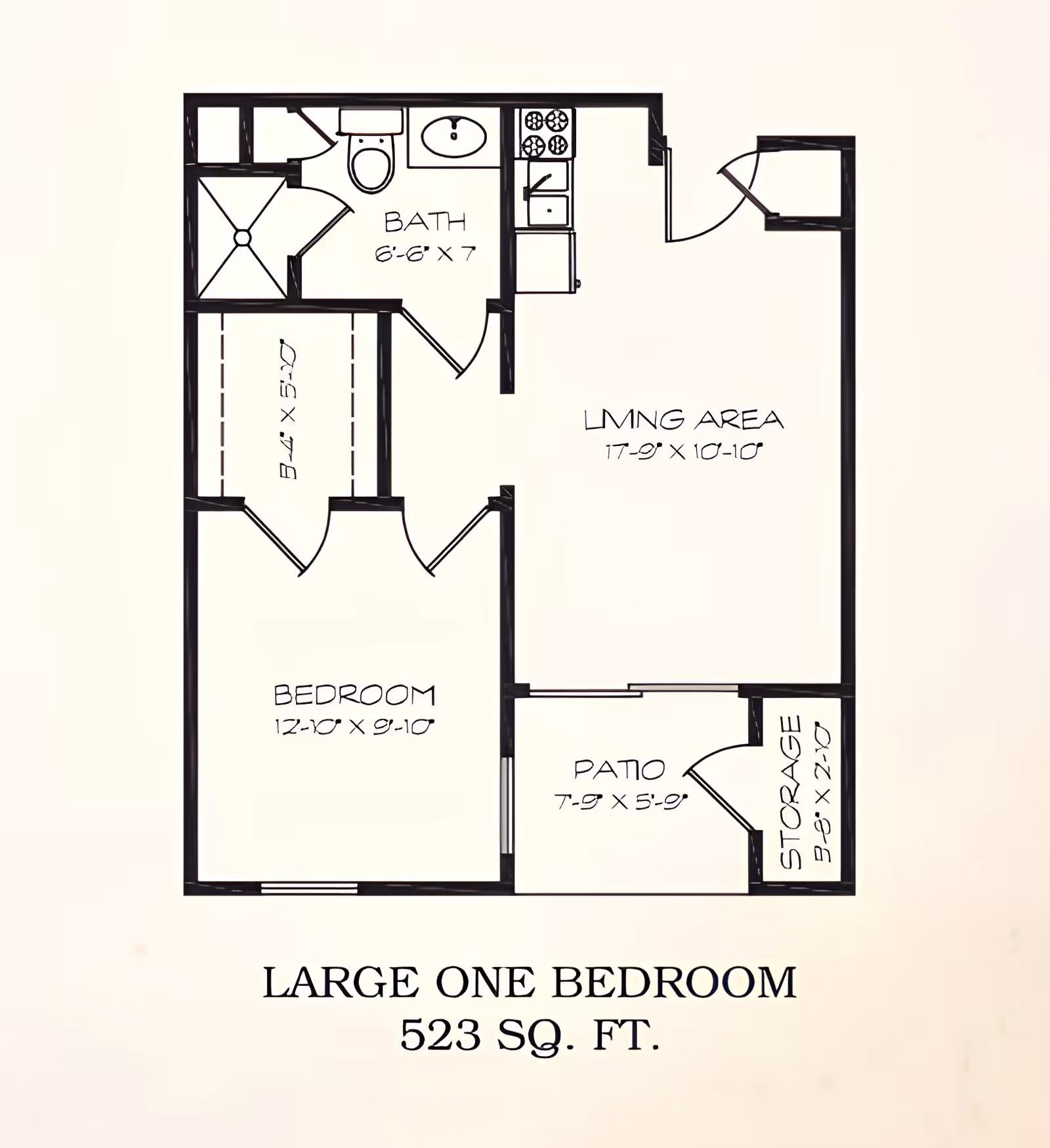 Floor plan of a large one-bedroom apartment with 523 square feet, showing a bedroom, bathroom, living area, kitchen, patio, and storage space.