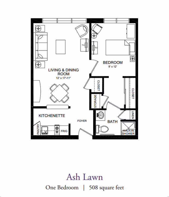 Floor plan of a one-bedroom apartment named Ash Lawn at Our Lady of Peace, showing a living and dining room, kitchenette, bedroom, bathroom with walk-in shower, closets, storage, and foyer. The total area is 508 square feet.