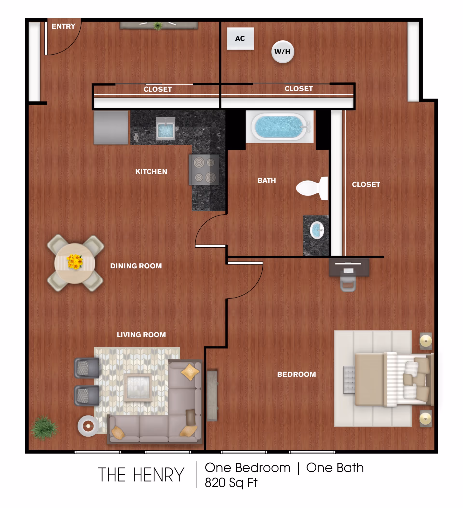 Floor plan of The Henry apartment at The Longfellow Senior Housing showing one bedroom, one bathroom, kitchen, dining room, living room, closets, and entry area with a total of 820 square feet.