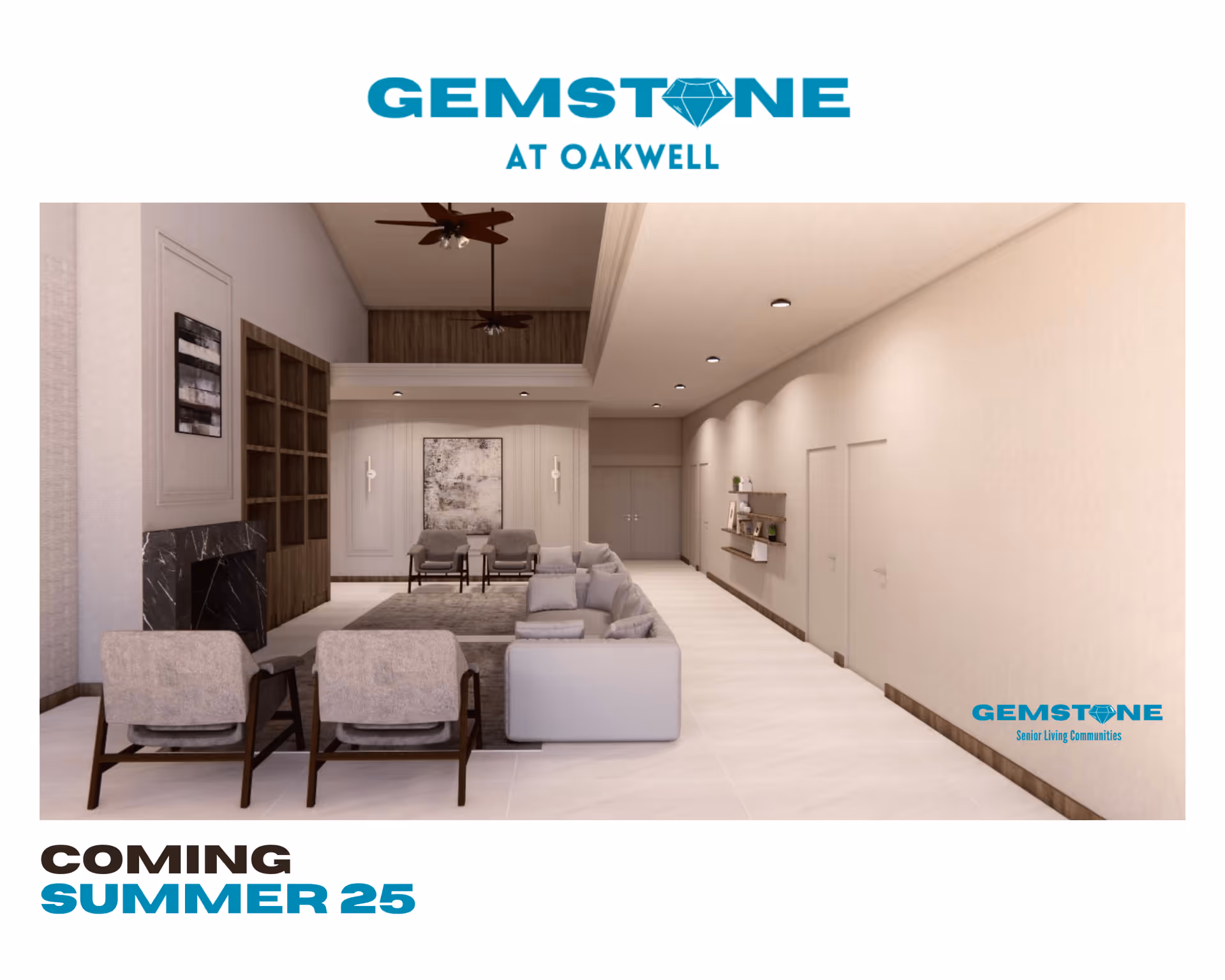 A modern and spacious living room in a senior living facility with a large sectional sofa, two armchairs, a rug, and a fireplace. The room features neutral tones, recessed lighting, ceiling fans, and wall art. There are shelves on the right wall and double doors at the far end.