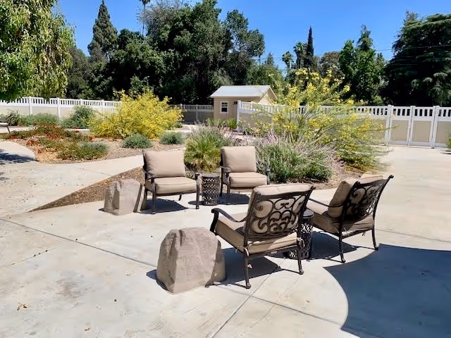 Outdoor patio area with four cushioned chairs arranged around a small metal table. The patio is surrounded by plants, bushes, and trees with a white fence and a small shed in the background under a clear blue sky.