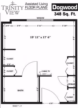 Floor plan of the Dogwood unit at Trinity View Assisted Living, showing a 348 square foot layout with a main living area measuring 19 feet 11 inches by 17 feet 6 inches, including a bathroom, multiple closets, storage space, and cable TV location.