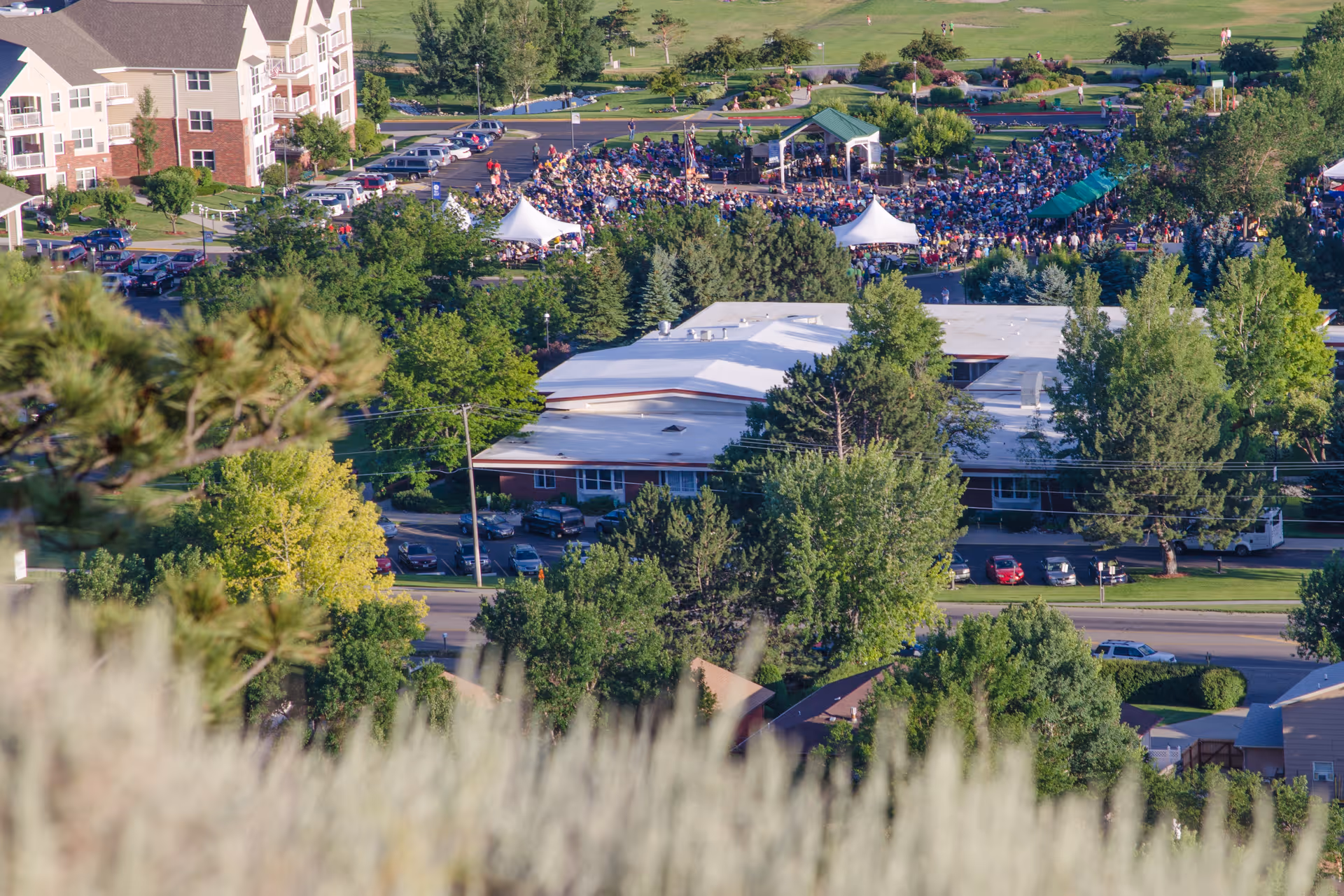 Aerial view of a large outdoor event with many people gathered around white tents and a stage in a green park area, surrounded by trees and buildings including a multi-story residential building and a single-story building with a white roof.