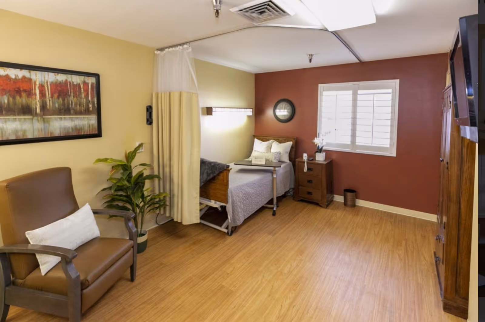 A senior living facility bedroom with a single bed against a red accent wall, a wooden nightstand with a vase of flowers, a brown armchair with a white pillow, a potted plant, a framed painting on the wall, and a window with white shutters. The floor is wooden, and there is a privacy curtain partially drawn around the bed.