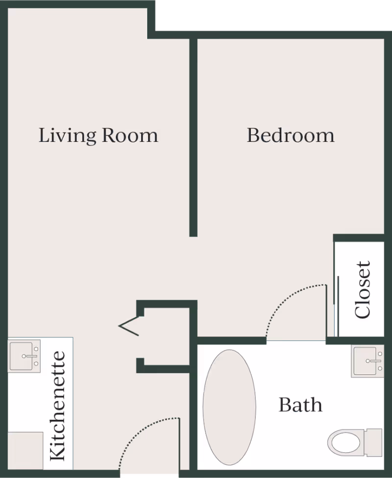 Floor plan layout of a senior living apartment at Mountain Meadows Senior Living Campus showing a living room, bedroom with closet, kitchenette, and bathroom with bathtub, toilet, and sink.