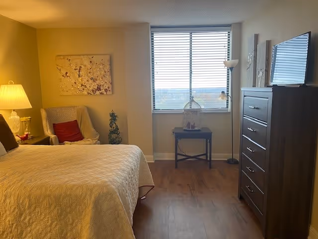 A cozy bedroom with a large bed covered in a light-colored quilt, a cushioned armchair with a red pillow, a small decorative tree, a table with a birdcage in front of a window with blinds, a floor lamp, a tall dark wooden dresser with a flat-screen TV on top, and light-colored walls.