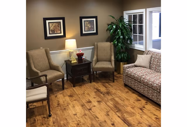 Cozy seating area with two upholstered armchairs, a patterned sofa, a side table with a lamp and a potted plant on wood flooring.
