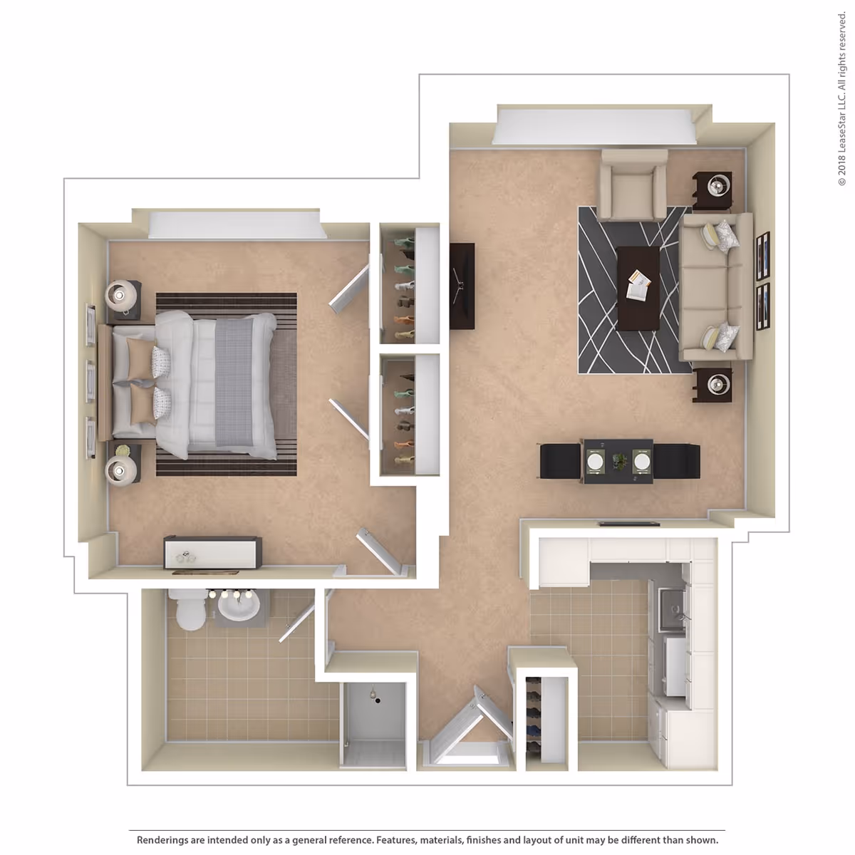 Top-down 3D floor plan of a one-bedroom apartment showing a bedroom, living room, kitchen and bathroom.