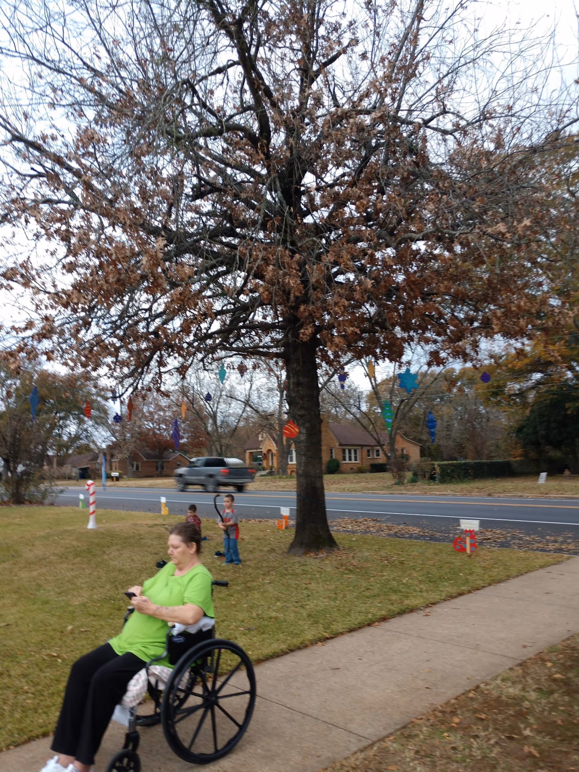 A woman in a green shirt sitting in a wheelchair on a sidewalk next to a grassy area with a large tree decorated with colorful hanging ornaments. Two children are playing near the tree, and a road with passing vehicles and houses is visible in the background.