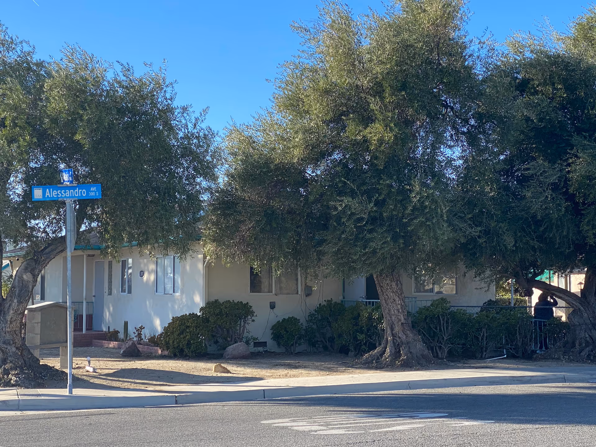 Exterior view of a single-story building partially obscured by large trees and bushes, with a street sign labeled Alessandro Ave in the foreground under a clear blue sky.