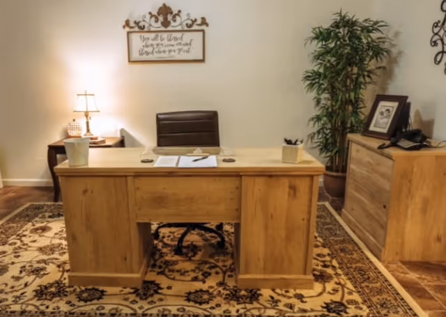 Wooden office desk on a patterned rug in a warmly lit interior with a chair, lamp, potted plant, and wall decor.