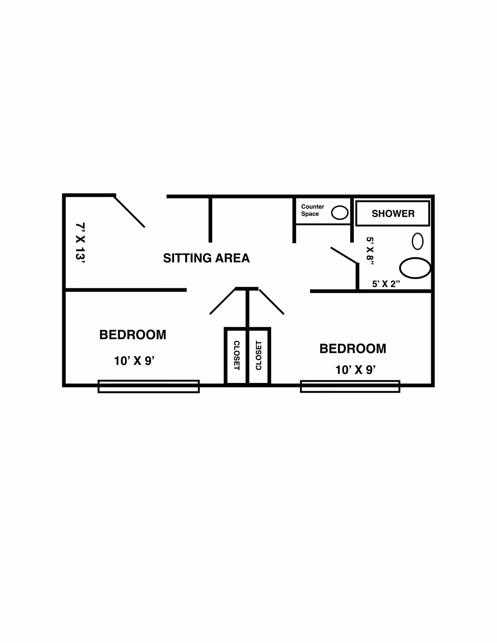 Floor plan showing two bedrooms each measuring 10 feet by 9 feet, a sitting area, closets, a bathroom with a shower, toilet, and counter space.